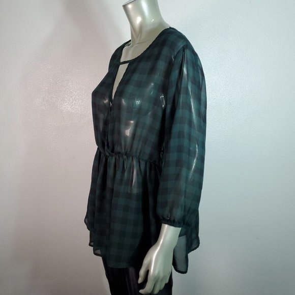 Torrid‎ Gingham Chiffon Surplice Peplum Blouse Plus Sz 1X Sheer 3/4 Sleeve Green - Picture 3 of 6